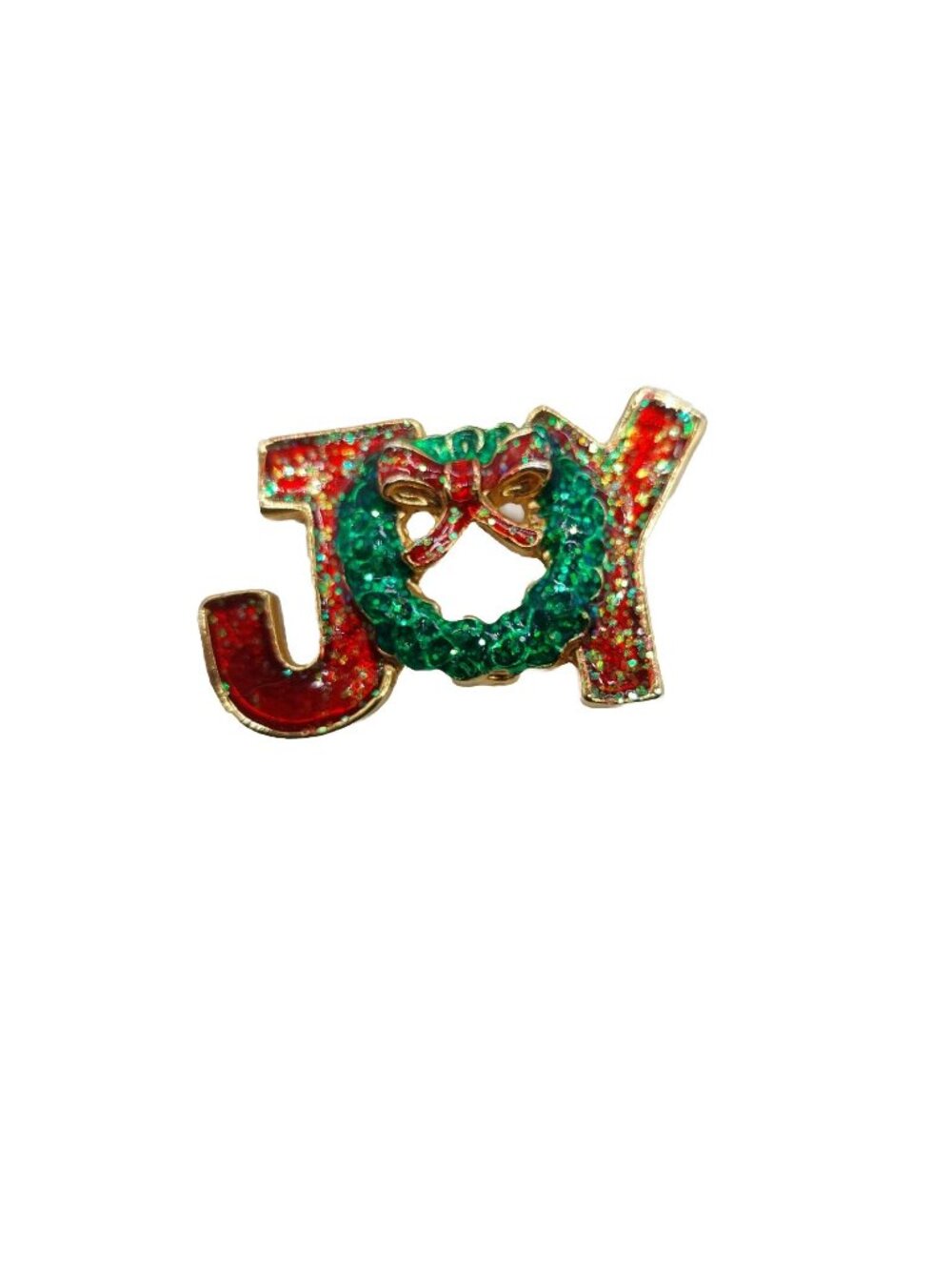 Vintage AAI Joy Christmas Pin Wreath Glitter Gold Tone Red Green 1 1/2"